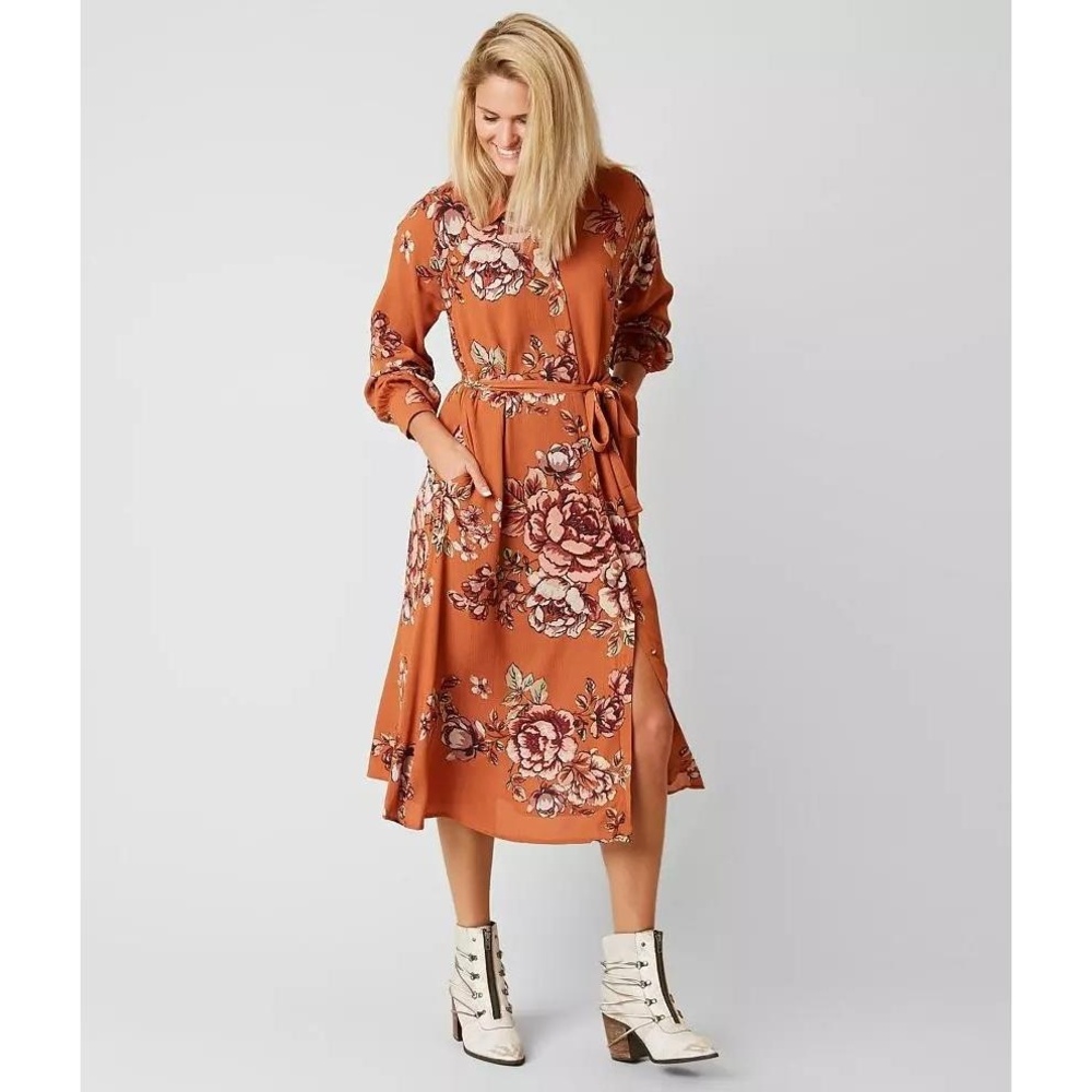 MISS ME Rust Orange Floral Midi Shirt Dress size XS Teracotta Boho Western Fall